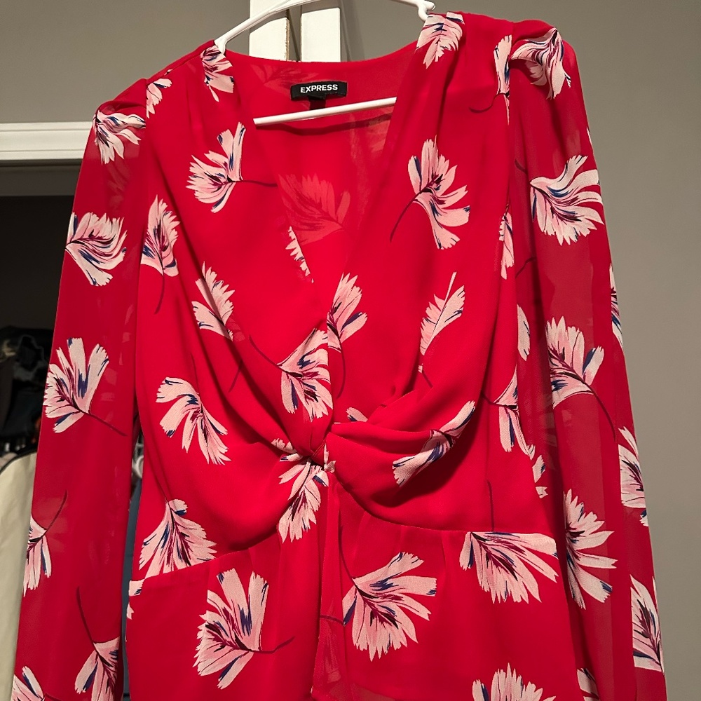 Express Red With Floral Patters Knotted Center Blouse